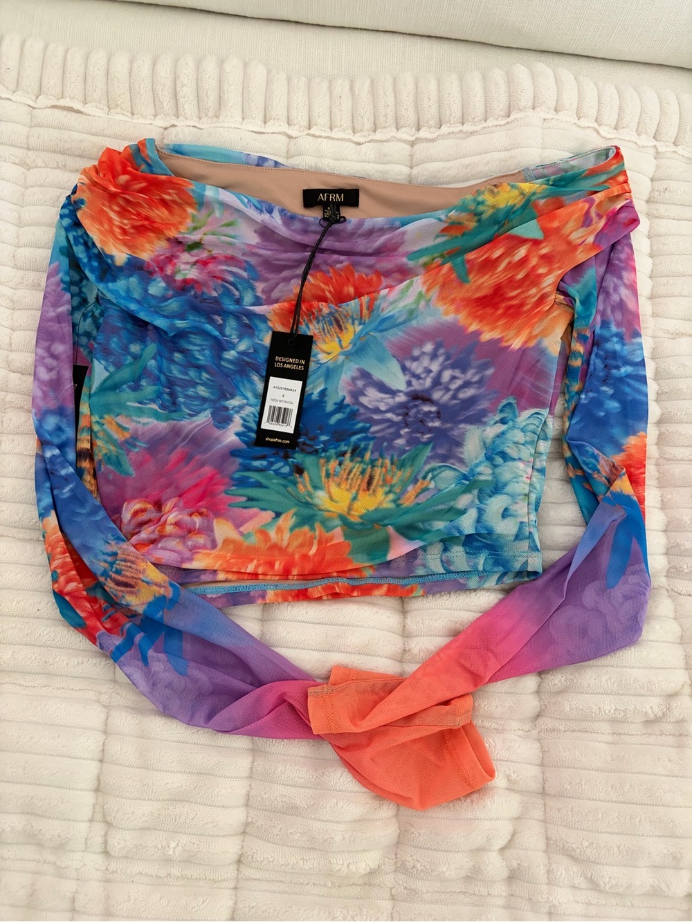 AFRM Multicolor Floral Off-Shoulder Mesh Crop Top - Blue/Purple/Orange